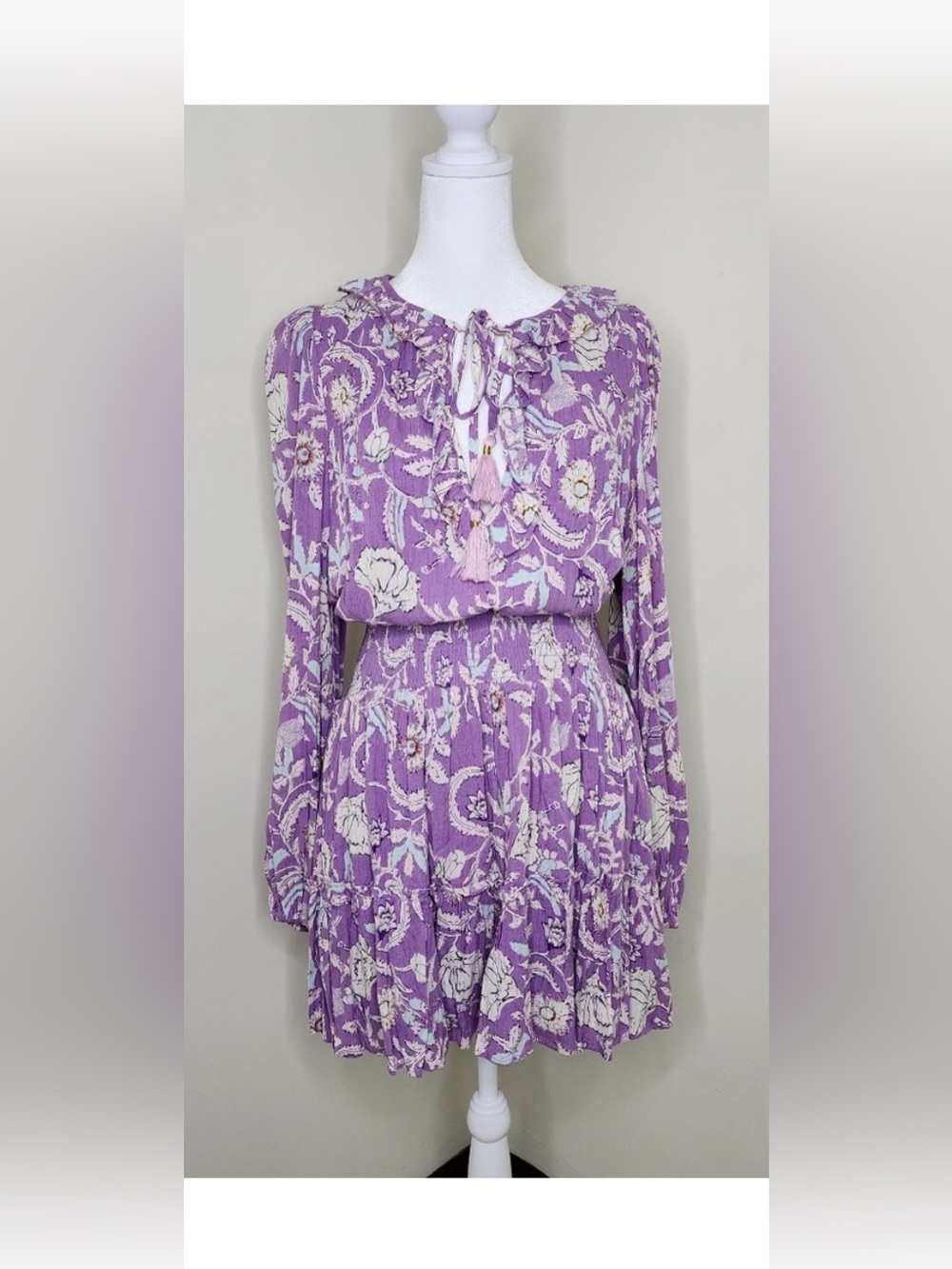 House of Harlow 1960 Lavender and Cream Floral Long Sleeve Mini Dress